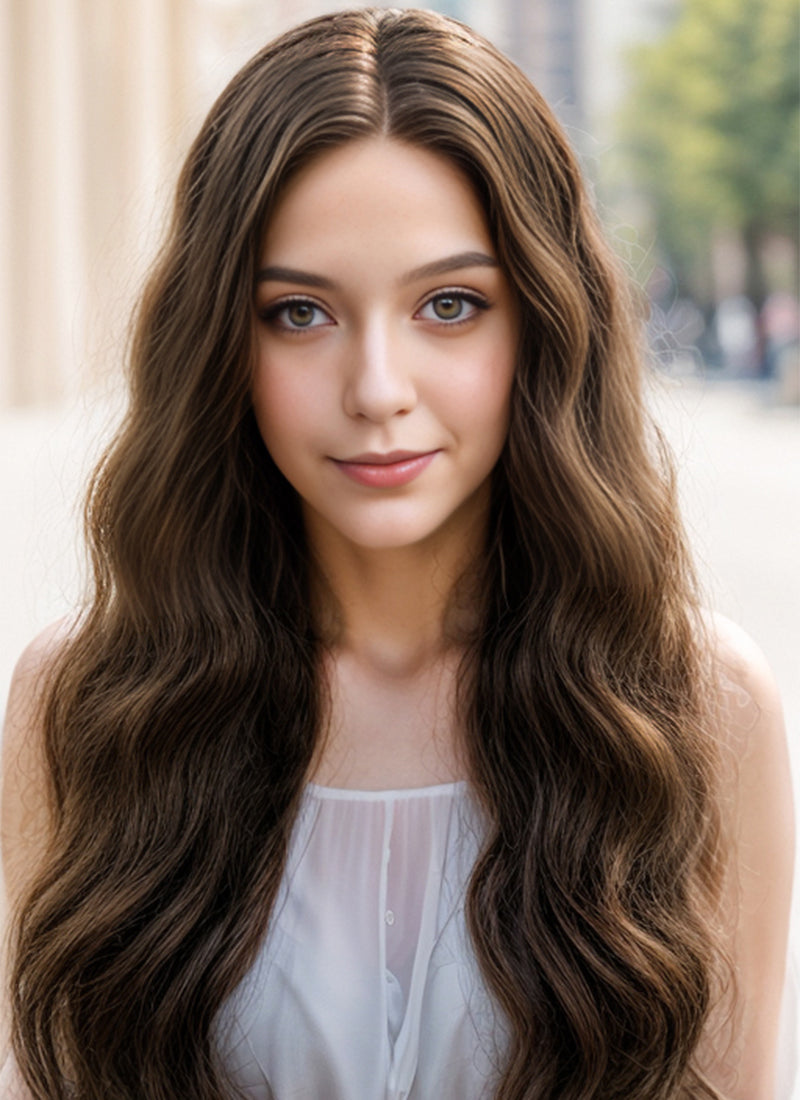 24" Long Curly Mocha Brown Lace Front Remy Natural Hair Wig HH050
