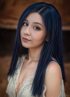 14" Long Straight Dark Blue Lace Front Remy Natural Hair Wig HH135