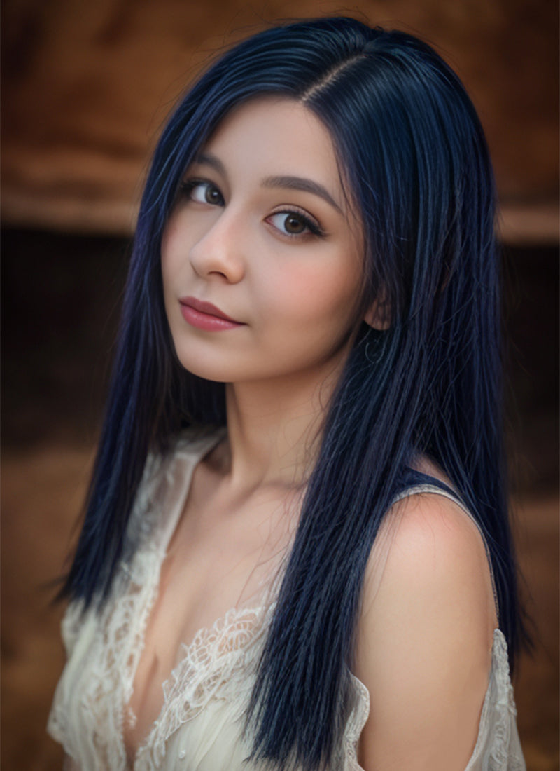 14" Long Straight Dark Blue Lace Front Remy Natural Hair Wig HH135