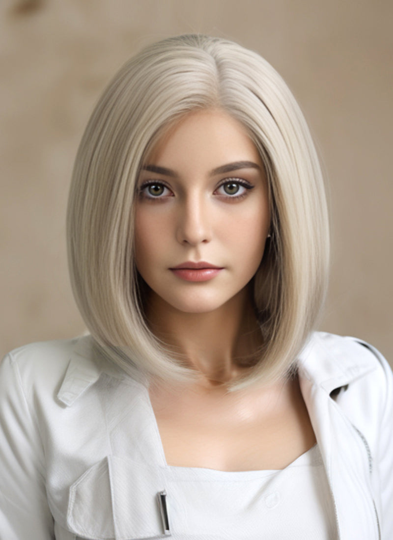 12" Medium Straight Classic Bob Ash Blonde Lace Front Remy Natural Hair Wig HH151