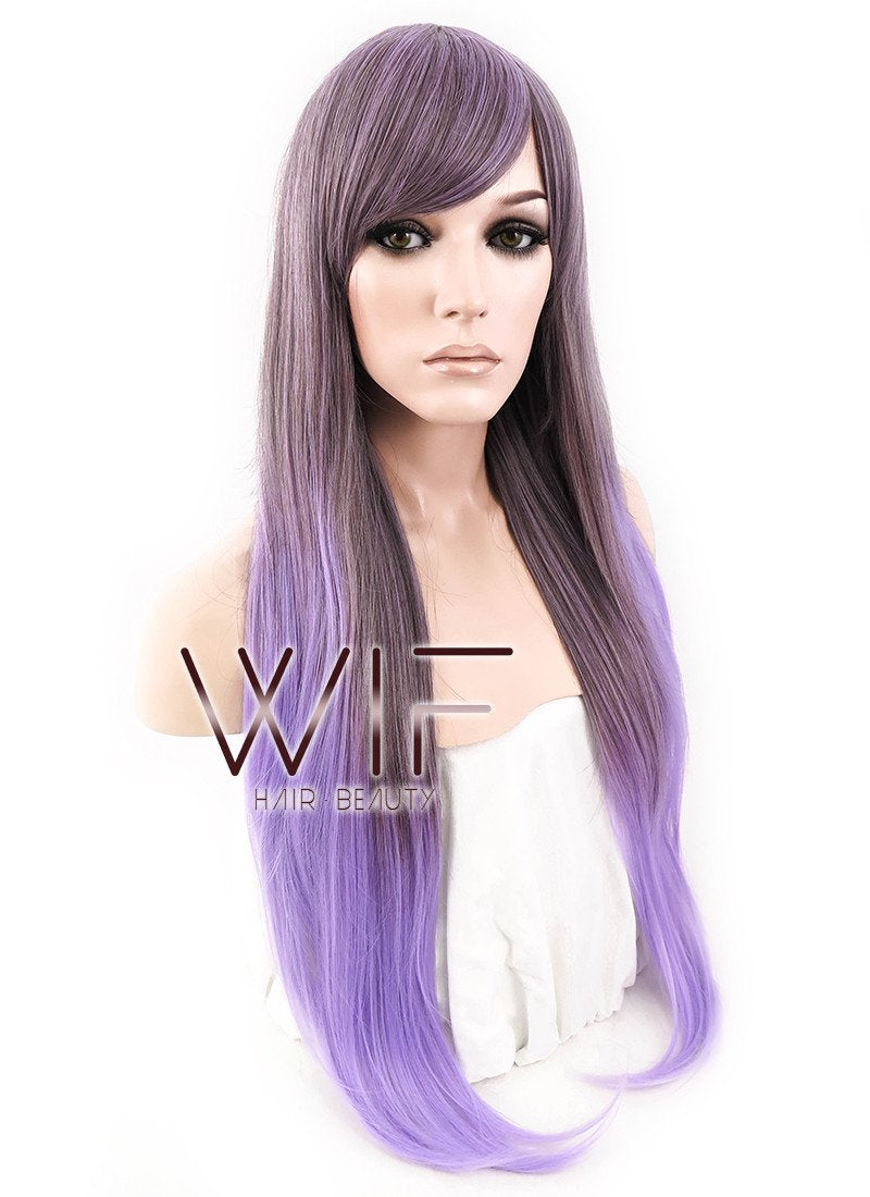 28" Straight Purple Mixed Brown Synthetic Wig CM130