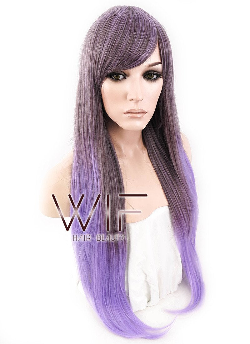 28" Straight Purple Mixed Brown Synthetic Wig CM130