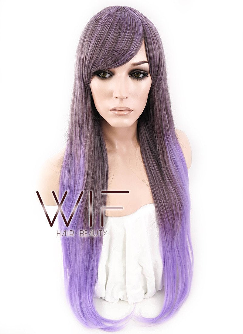 28" Straight Purple Mixed Brown Synthetic Wig CM130