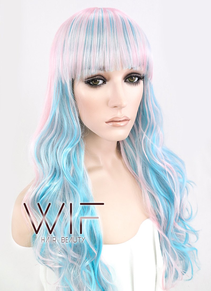 22" Wavy Light Blue Mixed Pink Synthetic Wig CM185