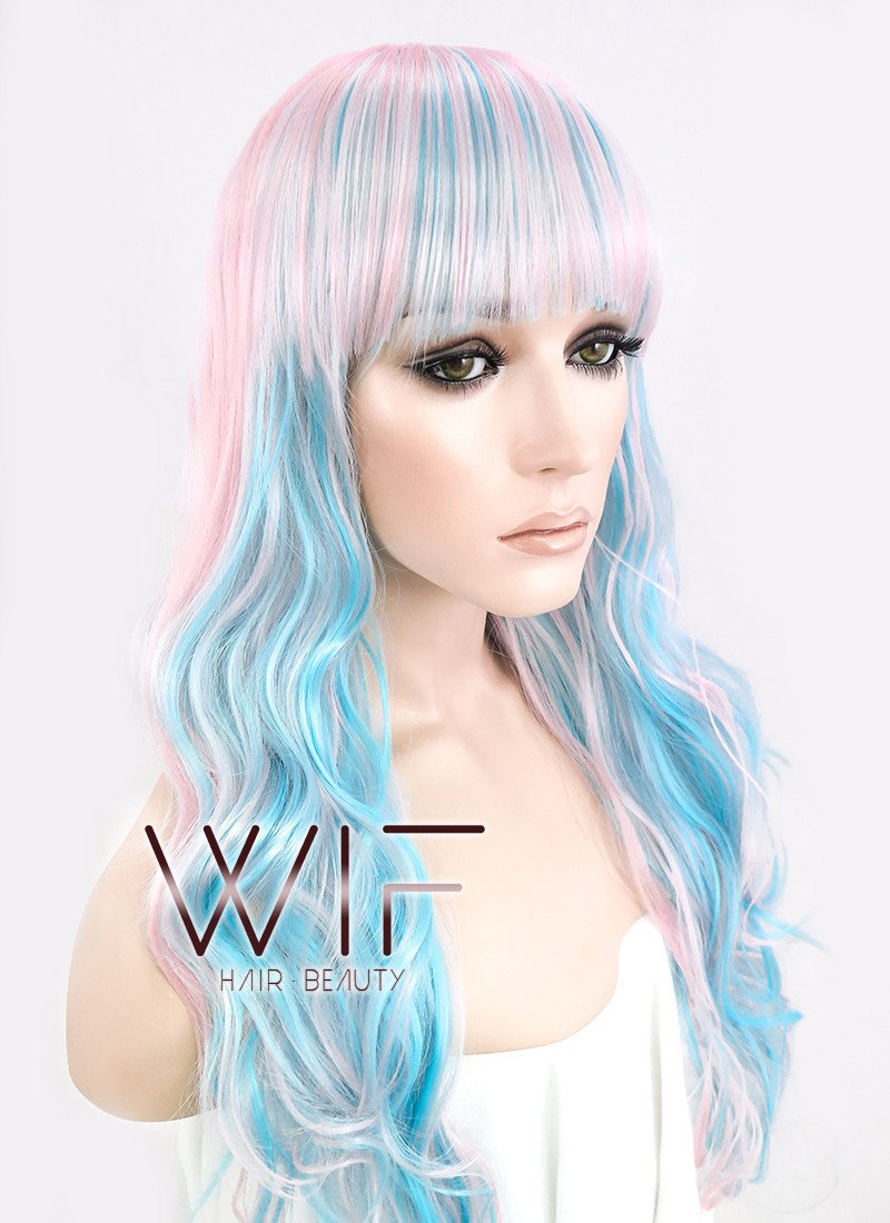 22" Wavy Light Blue Mixed Pink Synthetic Wig CM185