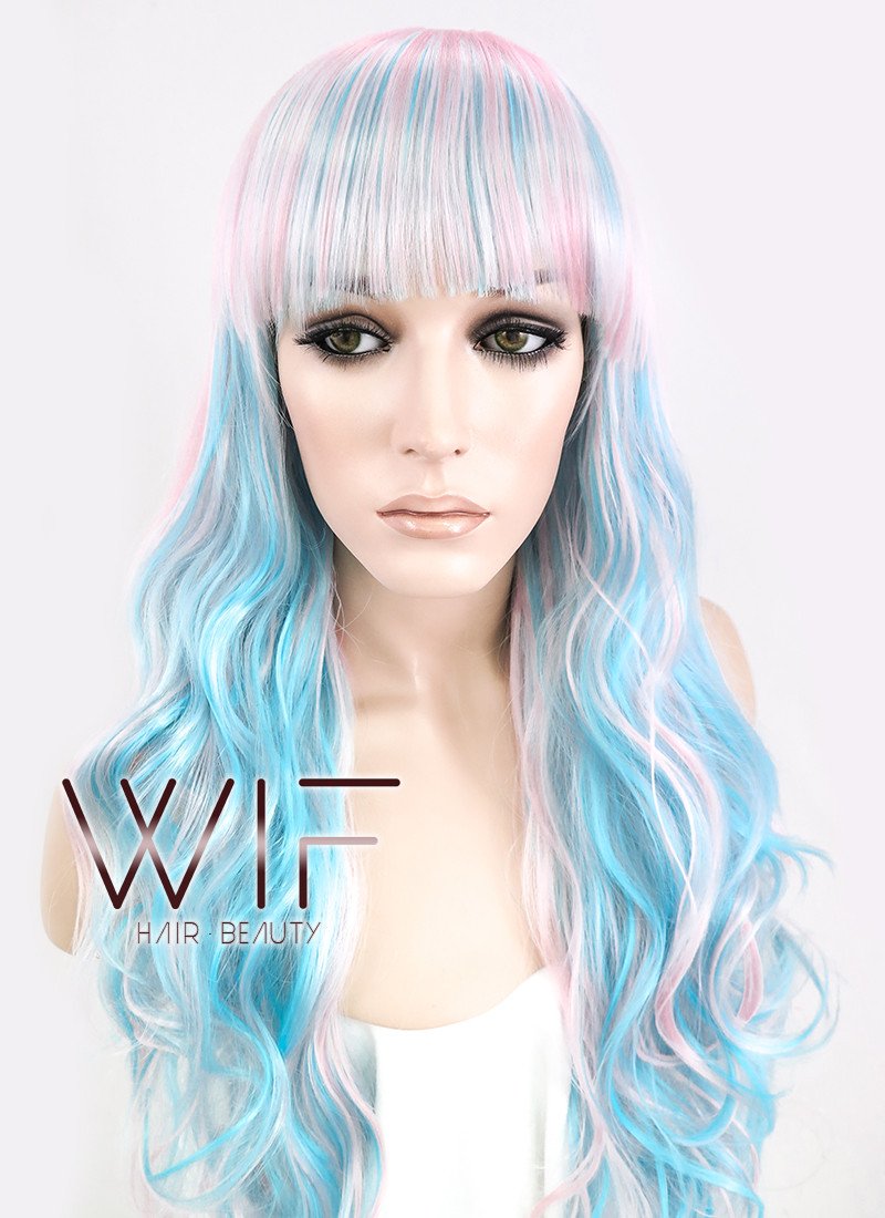 22" Wavy Light Blue Mixed Pink Synthetic Wig CM185