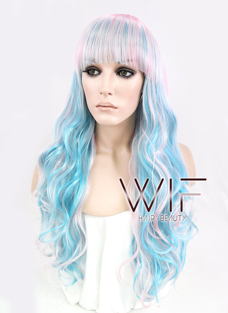 22" Wavy Light Blue Mixed Pink Synthetic Wig CM185