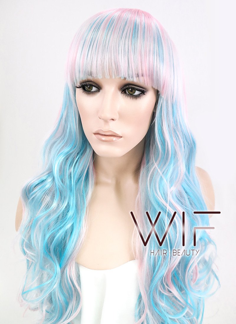 22" Wavy Light Blue Mixed Pink Synthetic Wig CM185
