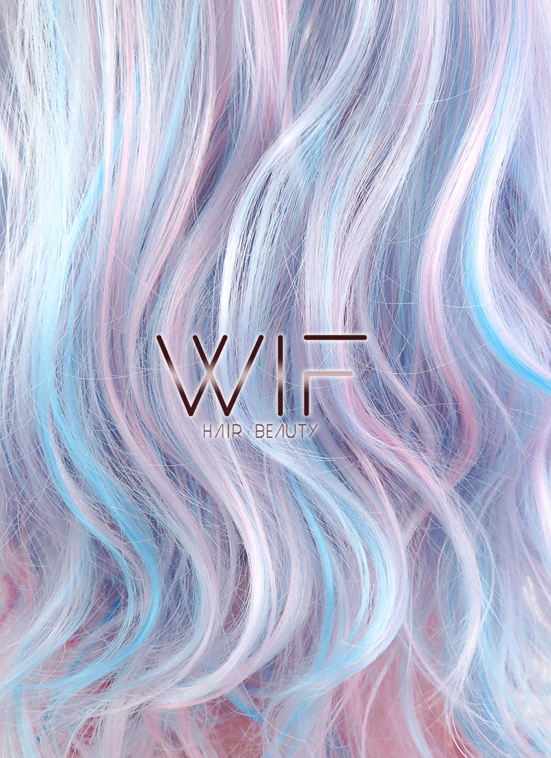 27" Long Curly Blue Mixed Pink Fashion Synthetic Hair Wig CM190