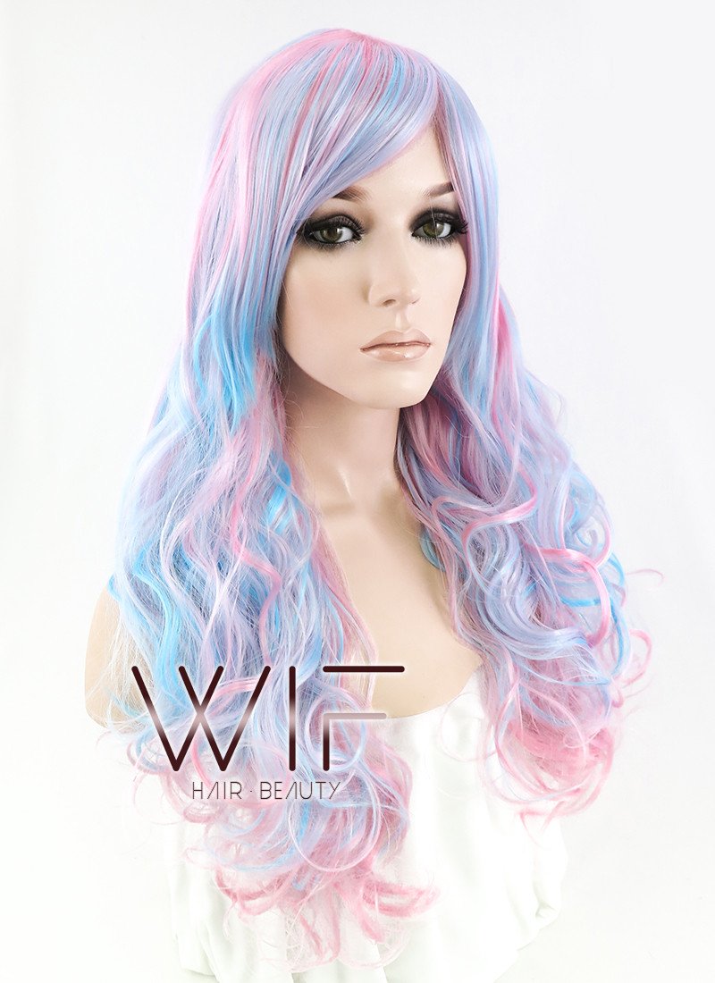 27" Long Curly Blue Mixed Pink Fashion Synthetic Hair Wig CM190