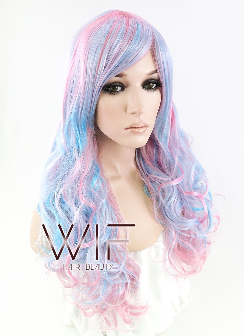 27" Long Curly Blue Mixed Pink Fashion Synthetic Hair Wig CM190