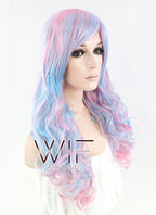 27" Long Curly Blue Mixed Pink Fashion Synthetic Hair Wig CM190
