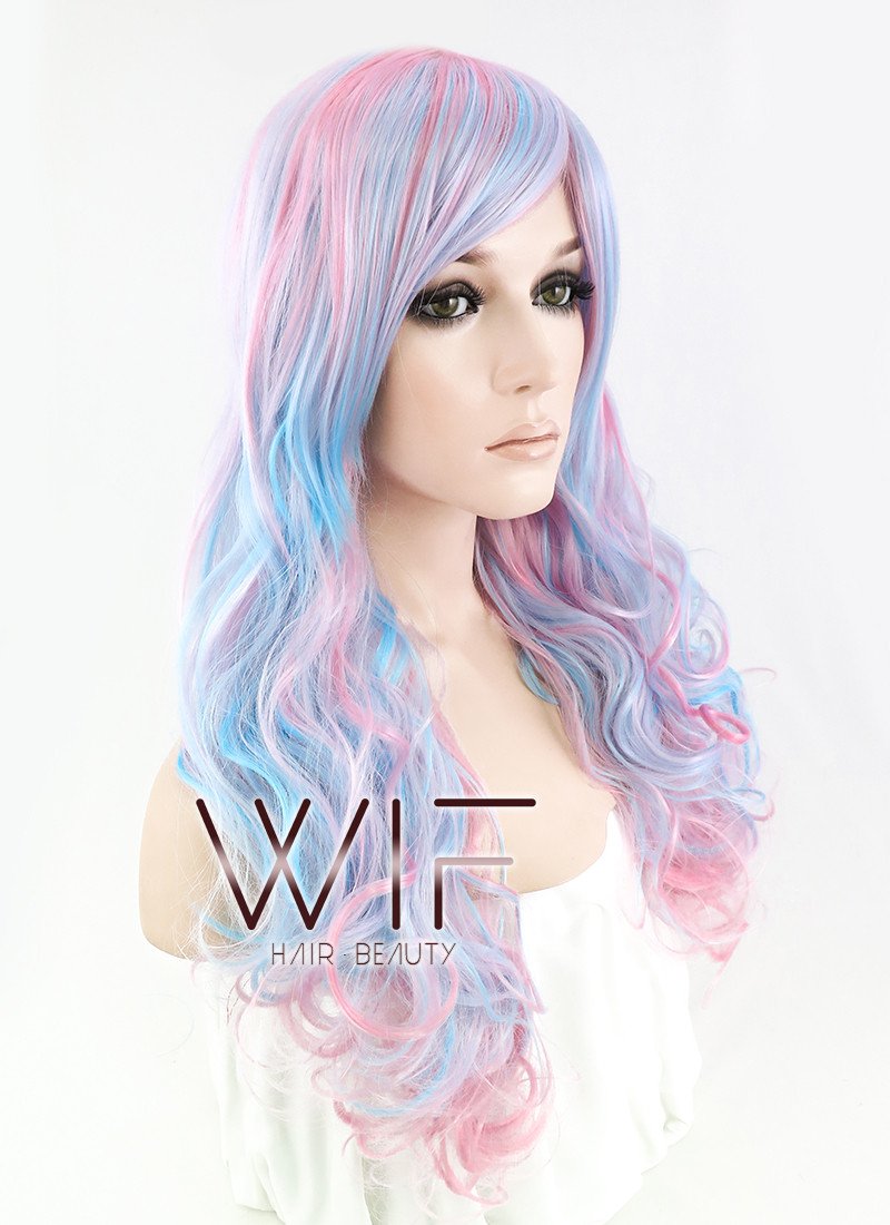 27" Long Curly Blue Mixed Pink Fashion Synthetic Hair Wig CM190