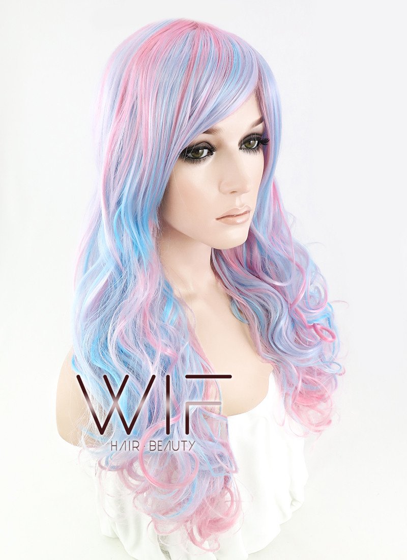 27" Long Curly Blue Mixed Pink Fashion Synthetic Hair Wig CM190