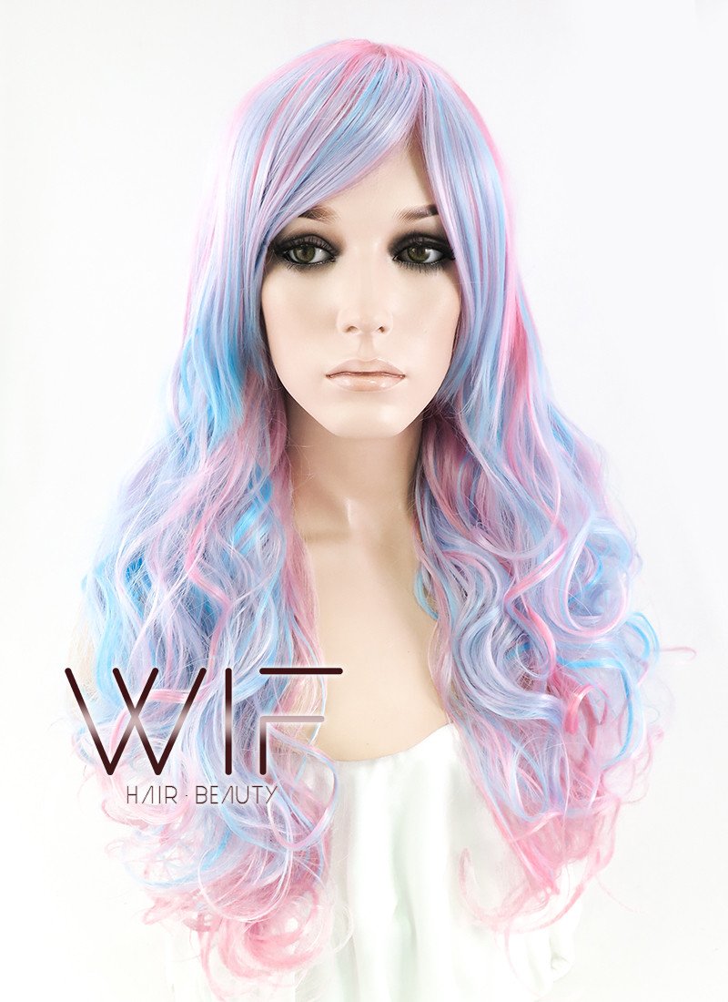 27" Long Curly Blue Mixed Pink Fashion Synthetic Hair Wig CM190