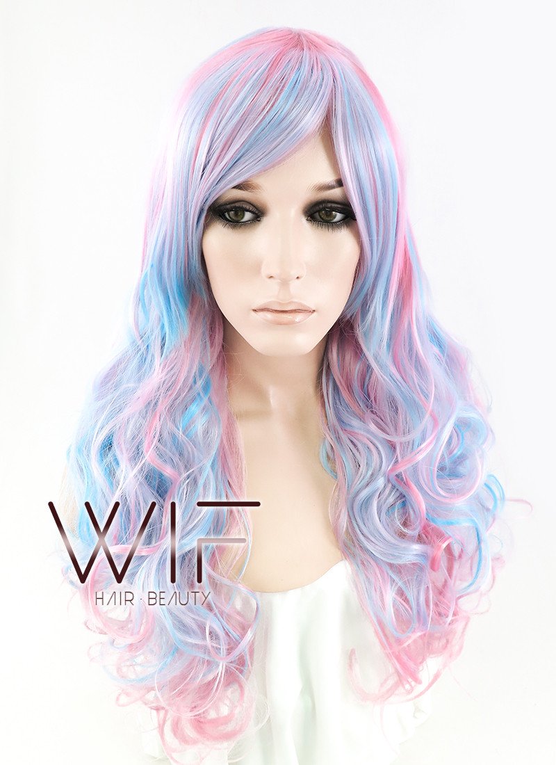 27" Long Curly Blue Mixed Pink Fashion Synthetic Hair Wig CM190