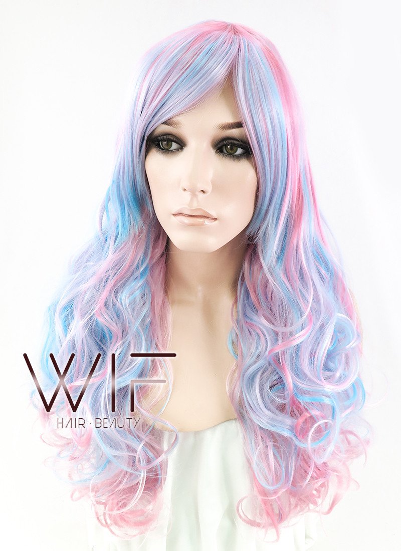 27" Long Curly Blue Mixed Pink Fashion Synthetic Hair Wig CM190