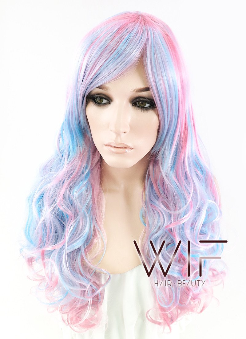 27" Long Curly Blue Mixed Pink Fashion Synthetic Hair Wig CM190