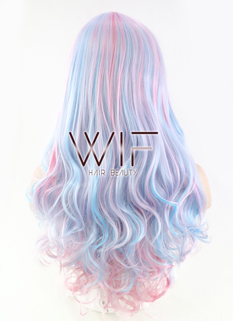 27" Long Curly Blue Mixed Pink Fashion Synthetic Hair Wig CM190