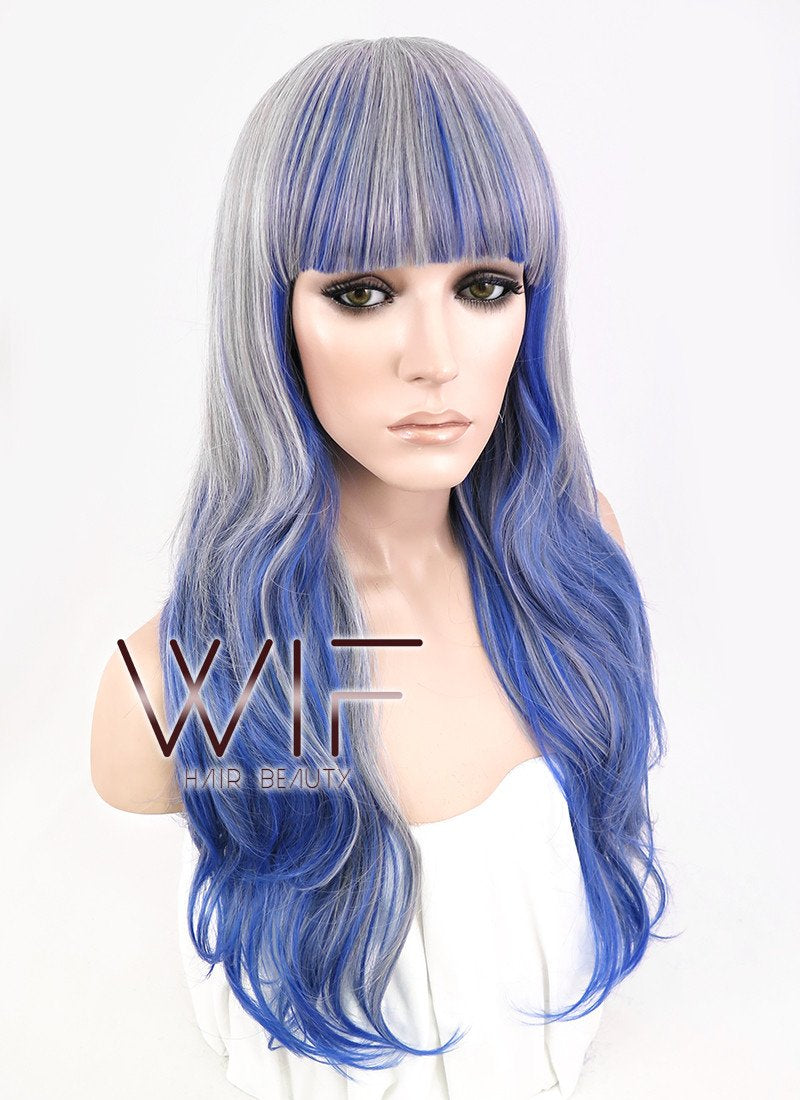 21" Wavy Grey Mixed Blue Synthetic Wig CM191