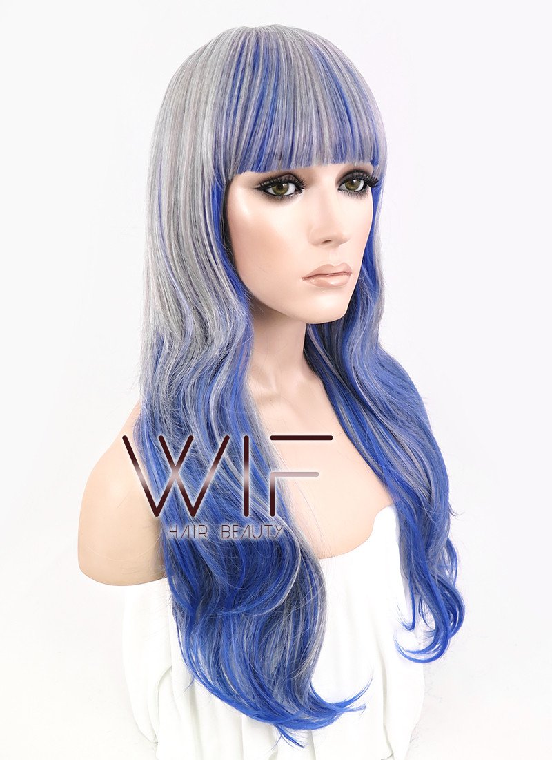 21" Wavy Grey Mixed Blue Synthetic Wig CM191
