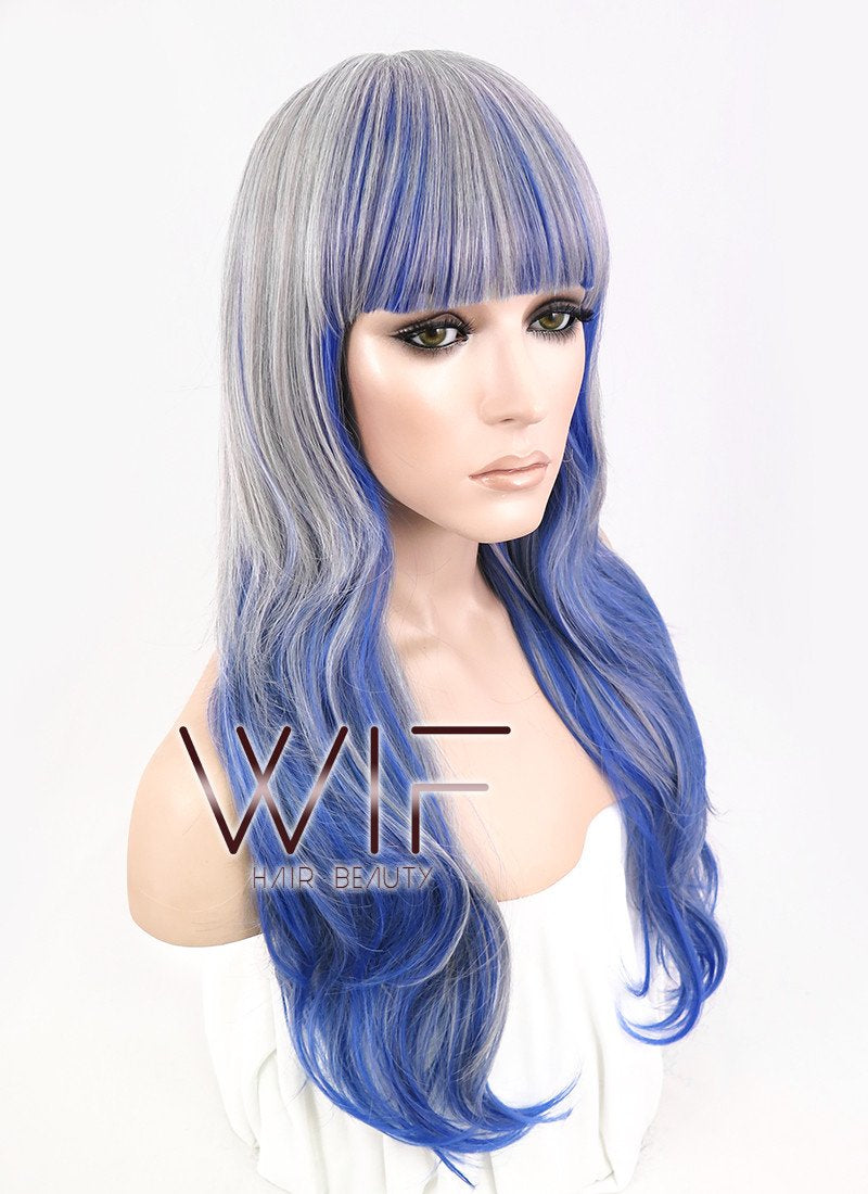 21" Wavy Grey Mixed Blue Synthetic Wig CM191