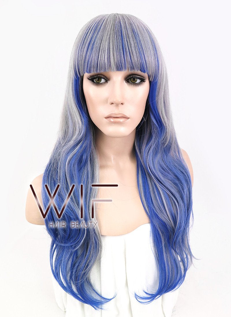 21" Wavy Grey Mixed Blue Synthetic Wig CM191