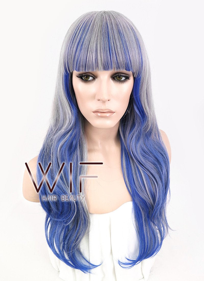 21" Wavy Grey Mixed Blue Synthetic Wig CM191
