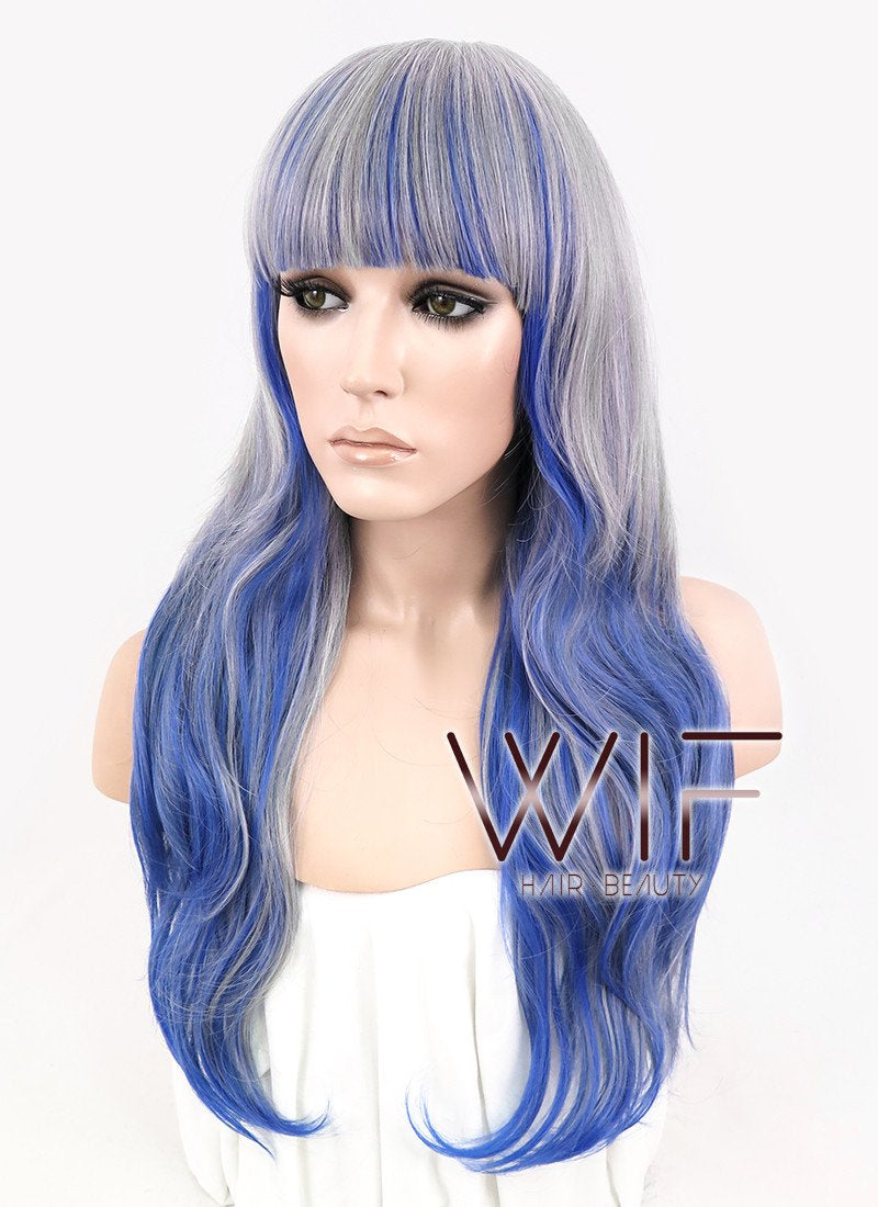 21" Wavy Grey Mixed Blue Synthetic Wig CM191