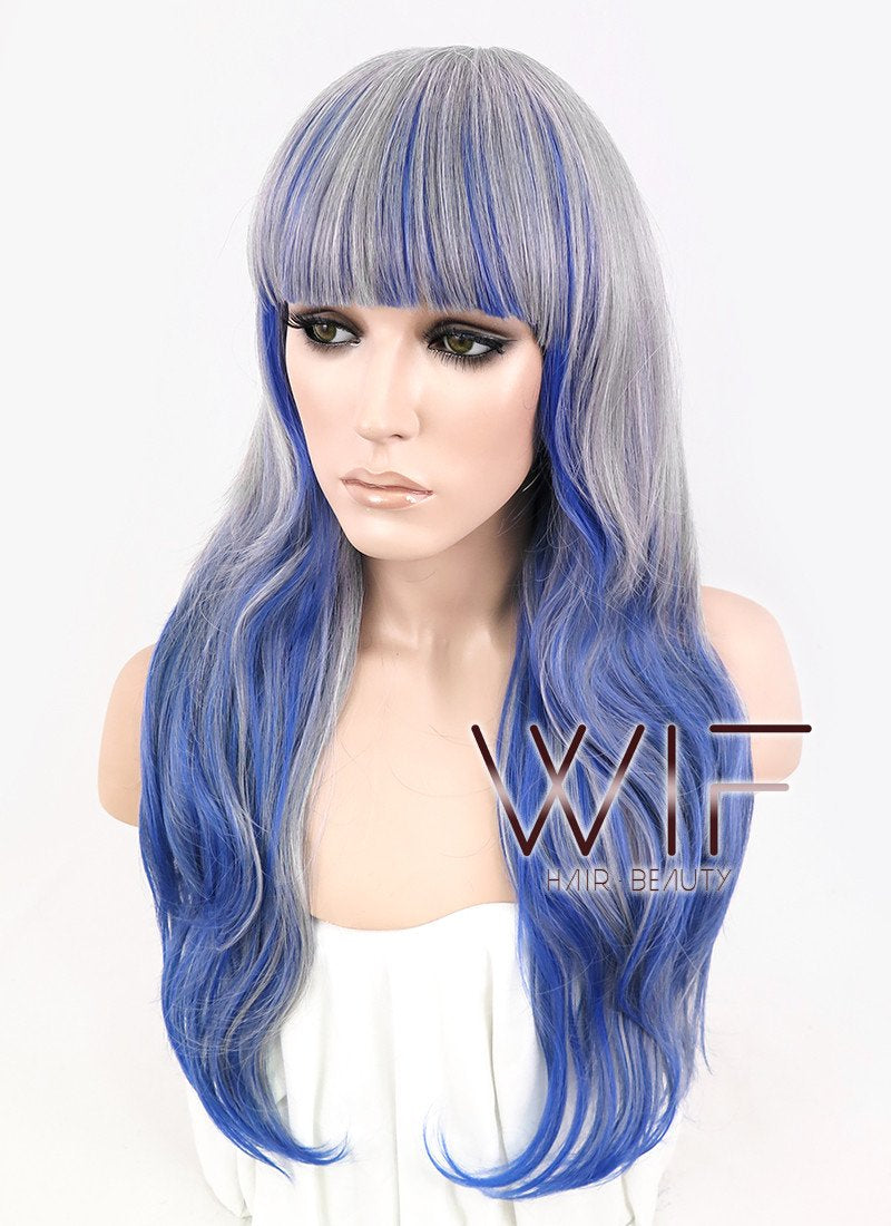 21" Wavy Grey Mixed Blue Synthetic Wig CM191