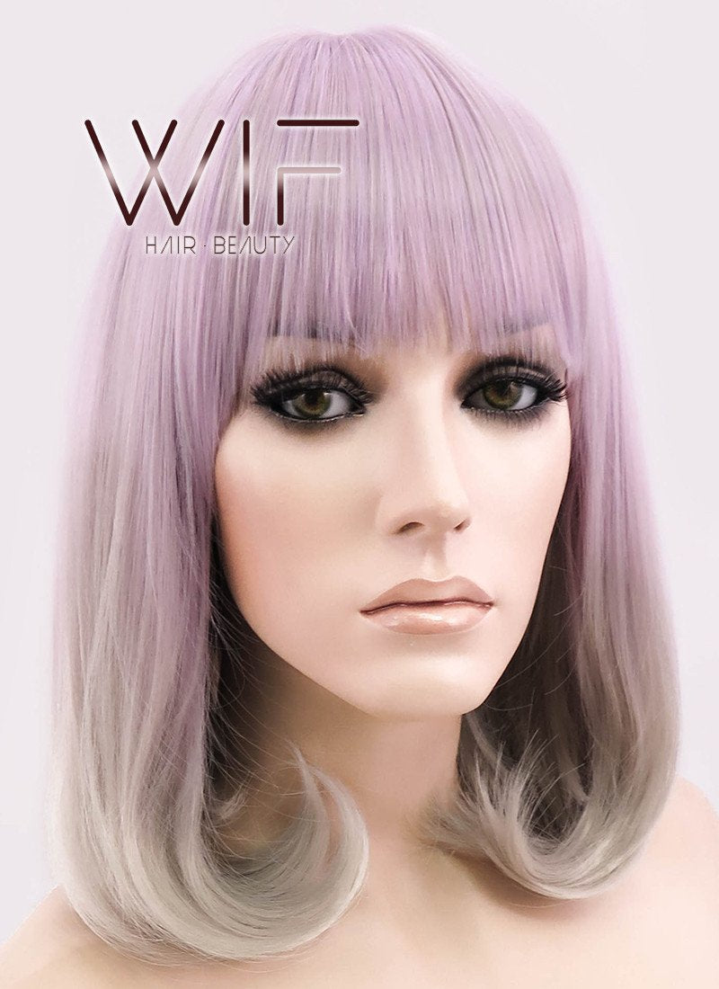 14" Long Curly Light Ash Purple Mixed Grey Fashion Synthetic Hair Wig CM192