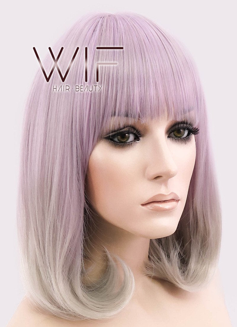 14" Long Curly Light Ash Purple Mixed Grey Fashion Synthetic Hair Wig CM192