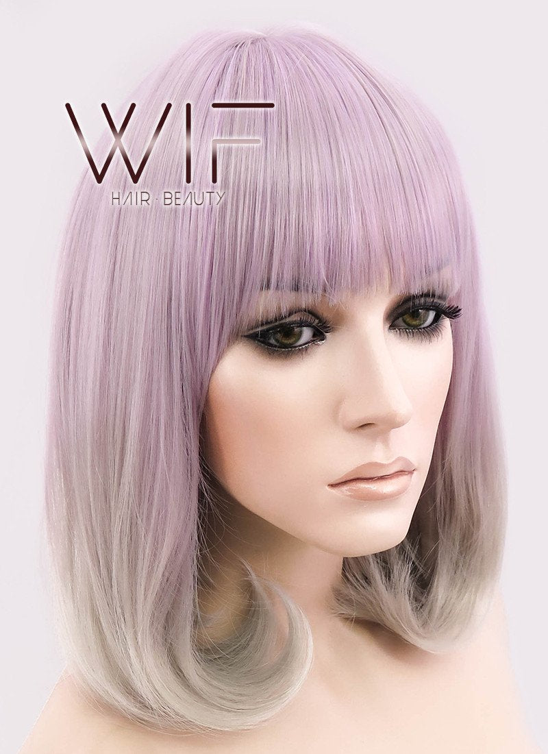 14" Long Curly Light Ash Purple Mixed Grey Fashion Synthetic Hair Wig CM192