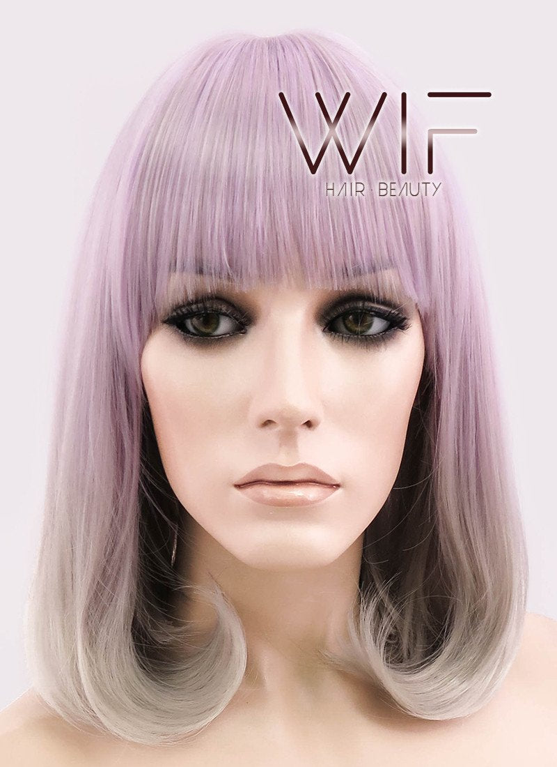 14" Long Curly Light Ash Purple Mixed Grey Fashion Synthetic Hair Wig CM192
