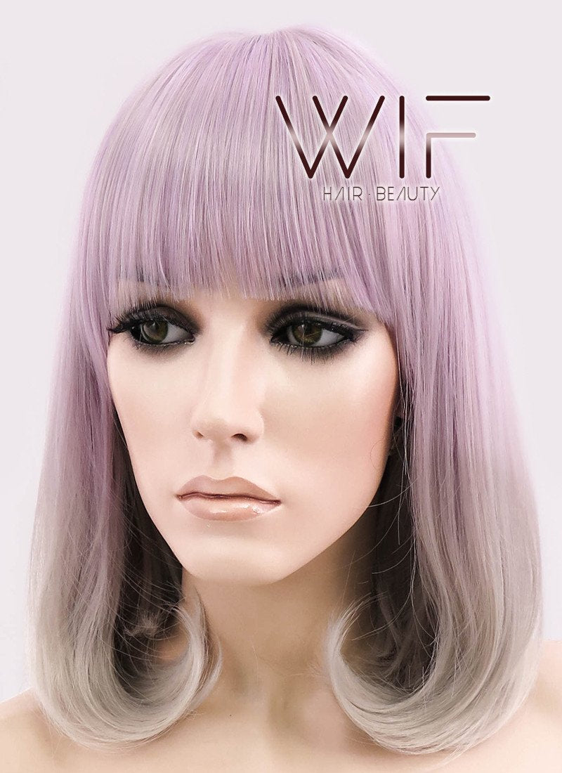 14" Long Curly Light Ash Purple Mixed Grey Fashion Synthetic Hair Wig CM192