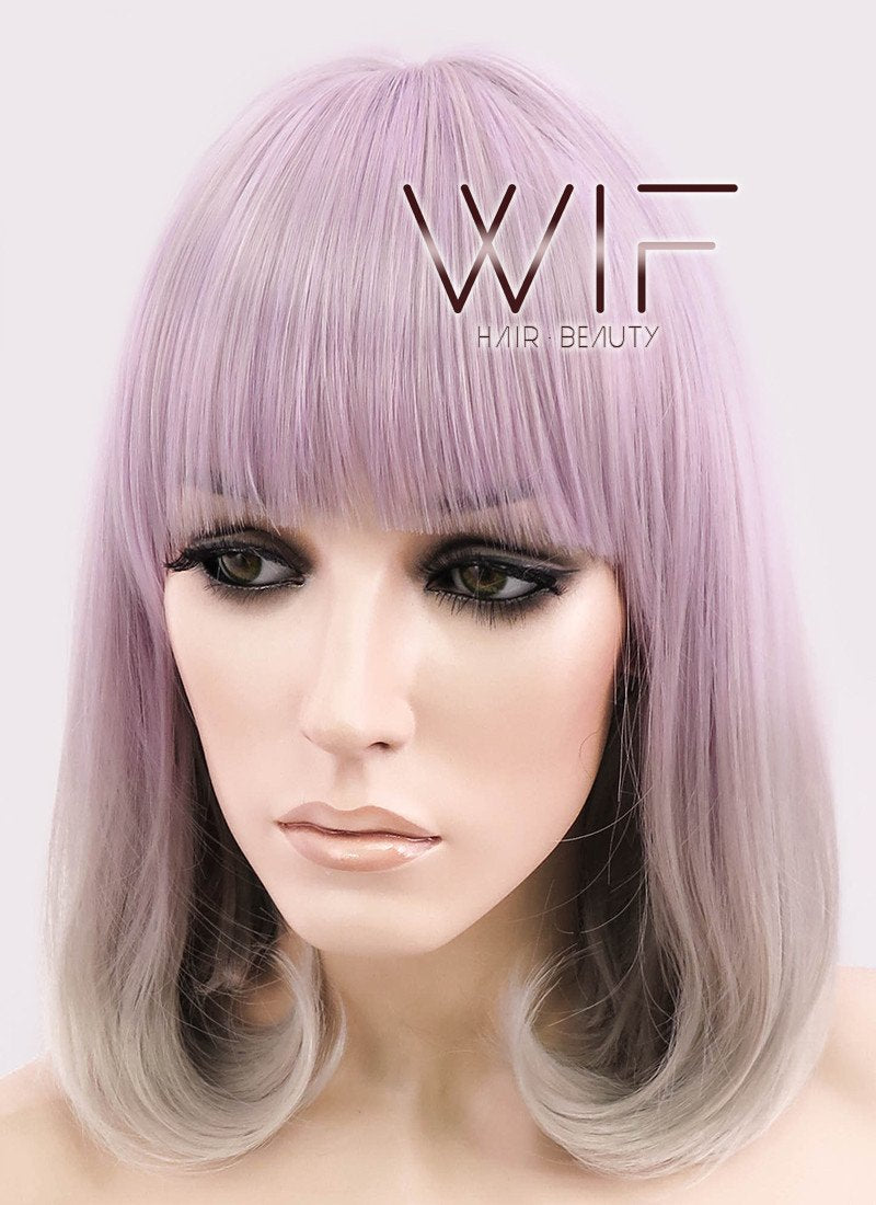 14" Long Curly Light Ash Purple Mixed Grey Fashion Synthetic Hair Wig CM192