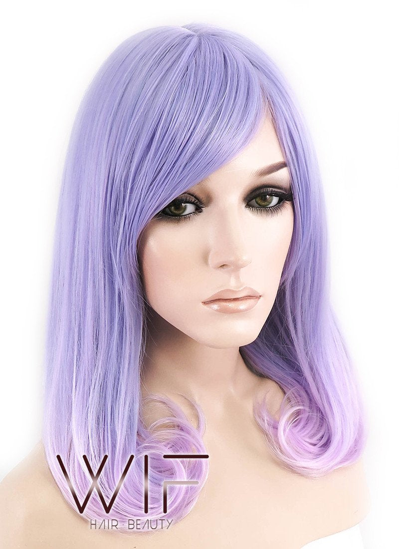 16" Medium Curly Purple Mixed Light Purple Ombre Fashion Synthetic Hair Wig CM196