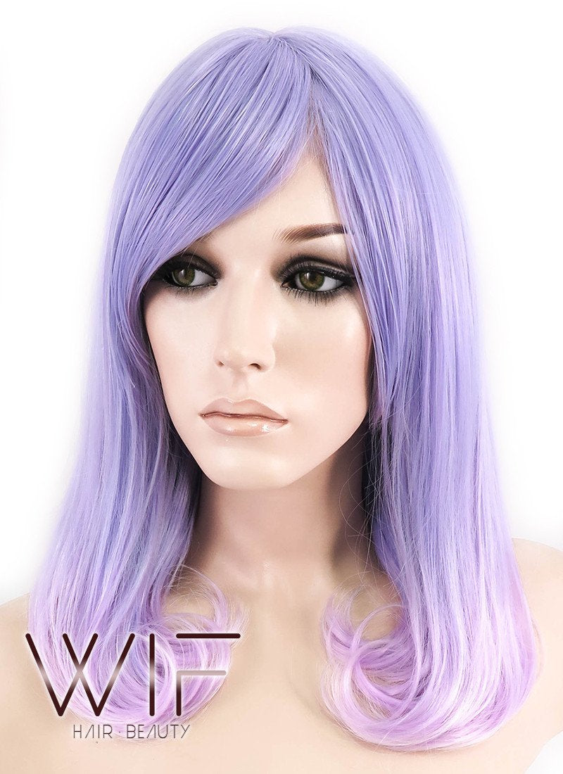 16" Medium Curly Purple Mixed Light Purple Ombre Fashion Synthetic Hair Wig CM196
