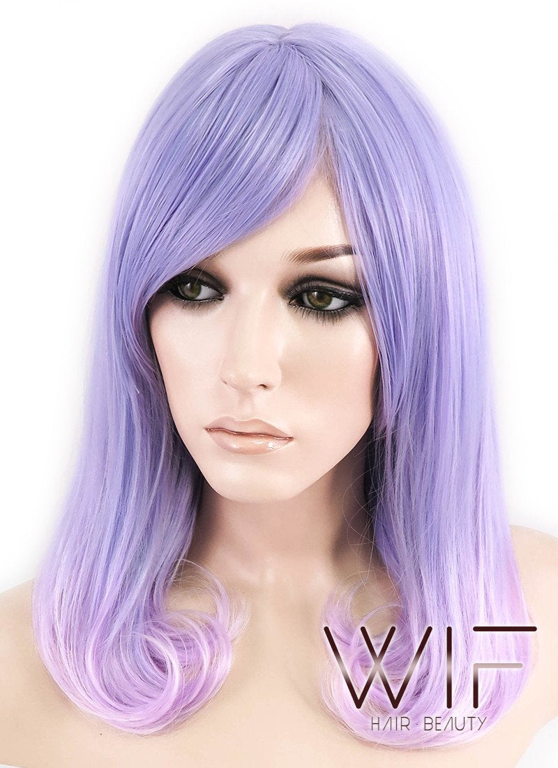 16" Medium Curly Purple Mixed Light Purple Ombre Fashion Synthetic Hair Wig CM196