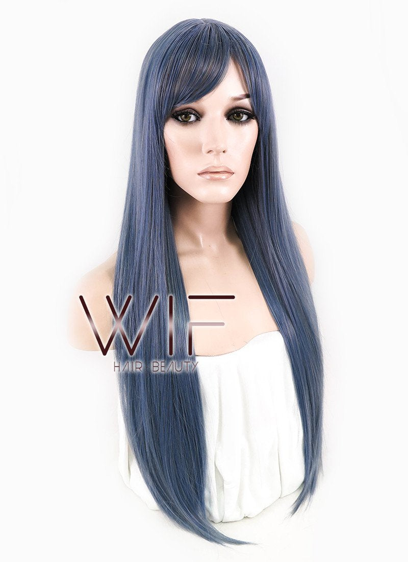25" Long Straight Blue Mixed Grey Fashion Synthetic Hair Wig CM198