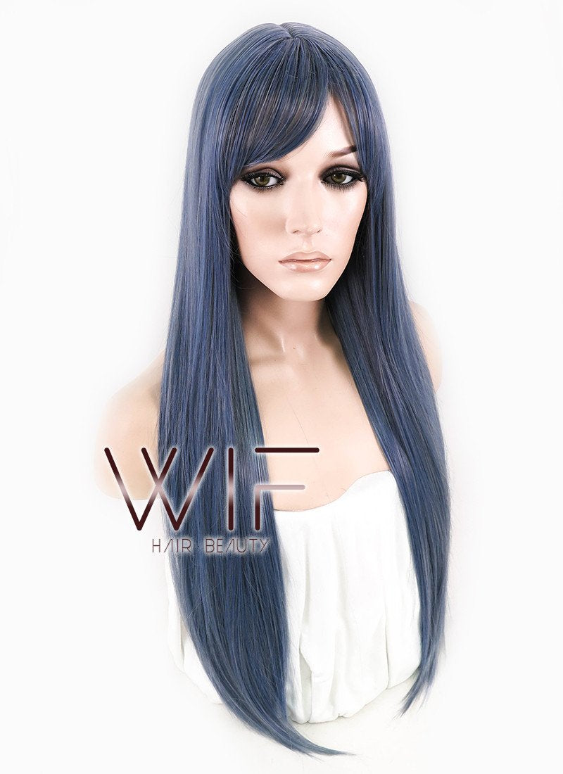 25" Long Straight Blue Mixed Grey Fashion Synthetic Hair Wig CM198