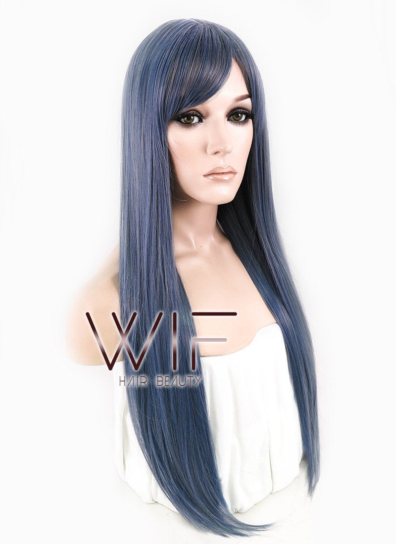 25" Long Straight Blue Mixed Grey Fashion Synthetic Hair Wig CM198