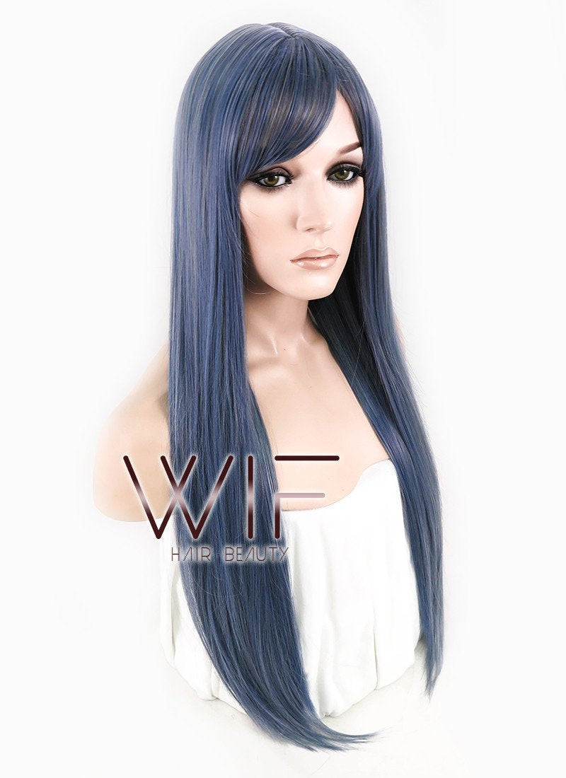25" Long Straight Blue Mixed Grey Fashion Synthetic Hair Wig CM198