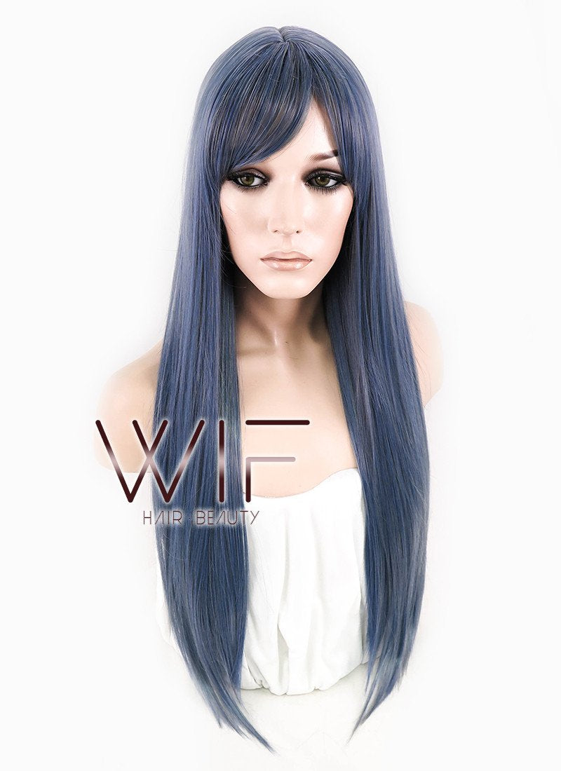 25" Long Straight Blue Mixed Grey Fashion Synthetic Hair Wig CM198