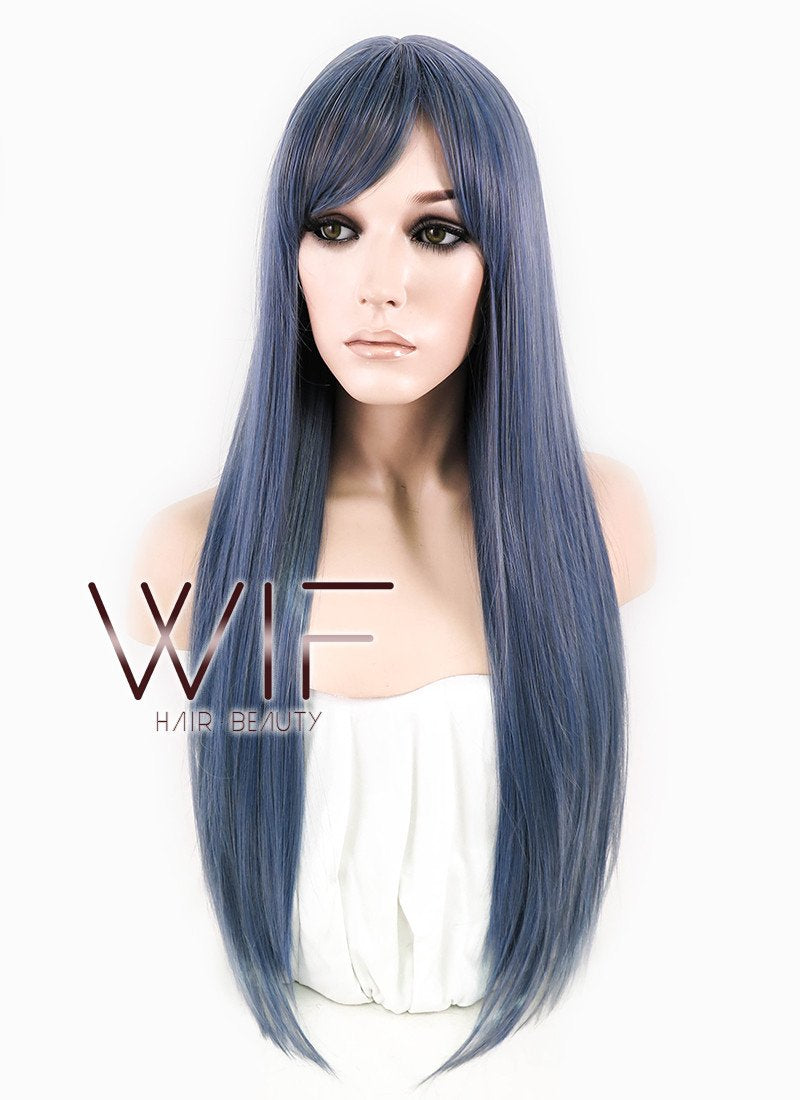 25" Long Straight Blue Mixed Grey Fashion Synthetic Hair Wig CM198