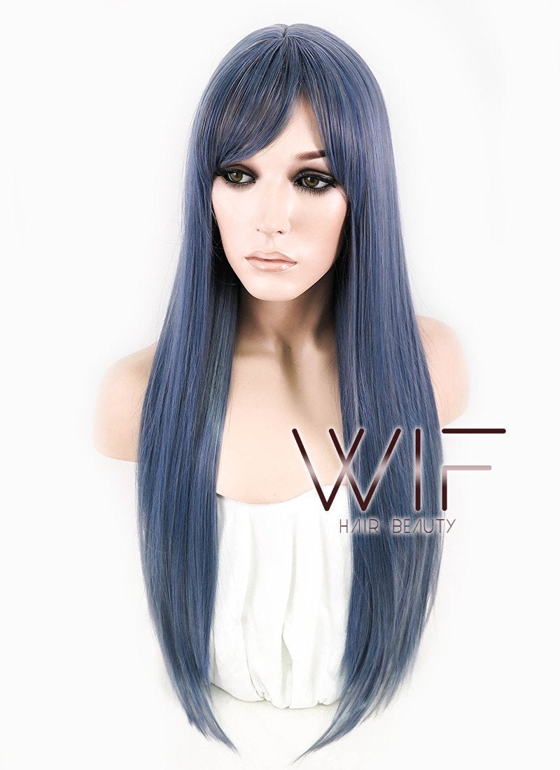 25" Long Straight Blue Mixed Grey Fashion Synthetic Hair Wig CM198