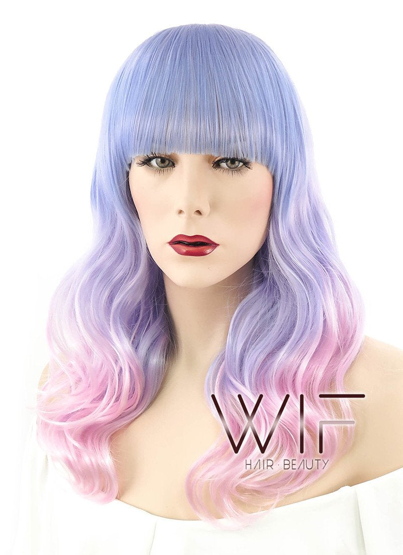 24" Long Curly Purple Mixed Pink Pastel Ombre Fashion Synthetic Hair Wig CM021