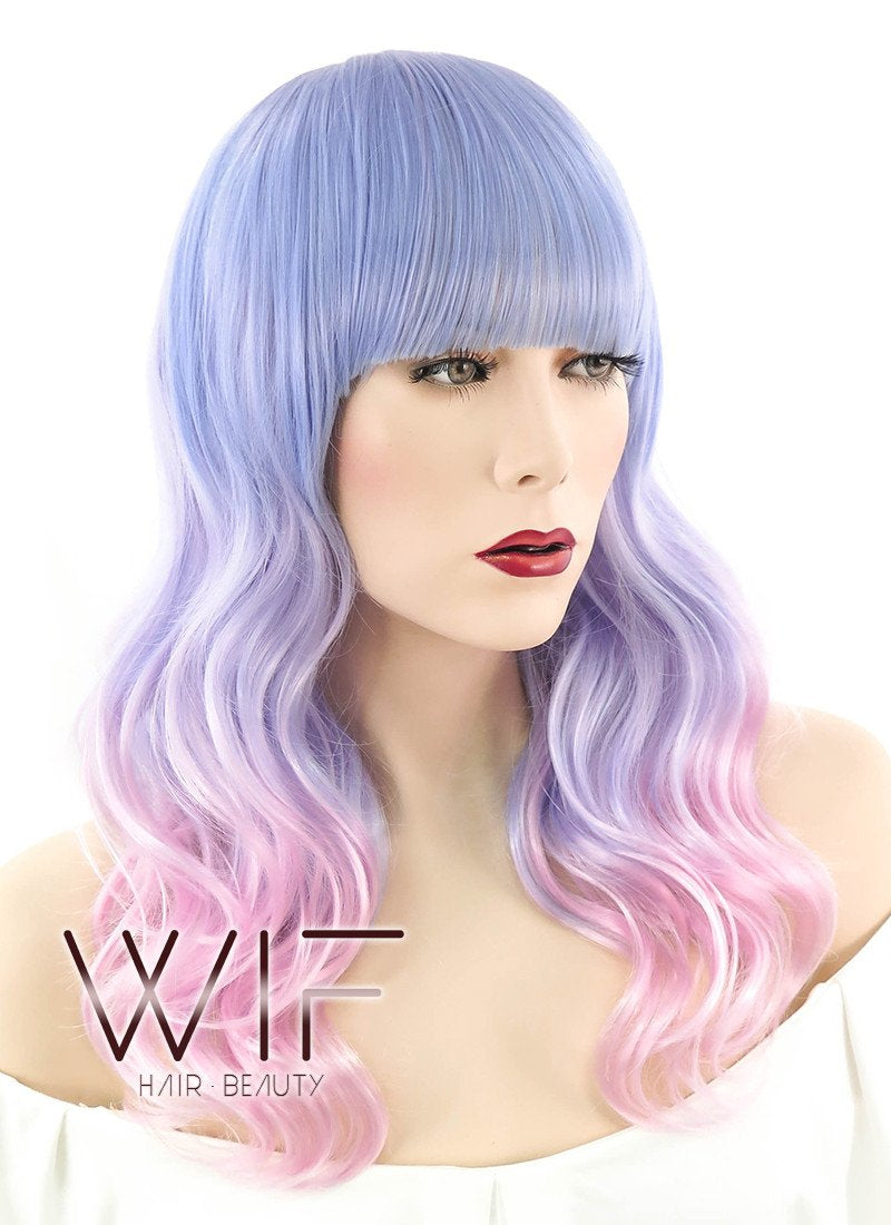 24" Long Curly Purple Mixed Pink Pastel Ombre Fashion Synthetic Hair Wig CM021