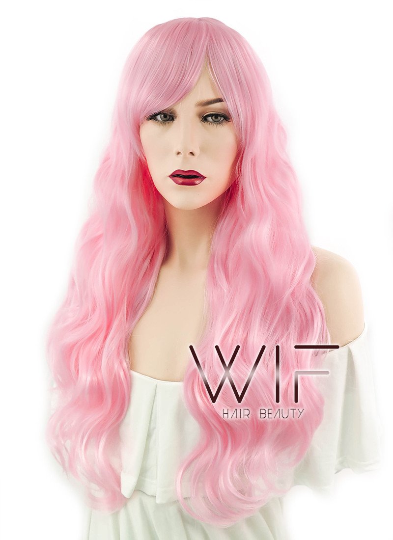 24" Long Curly Light Pink Fashion Synthetic Hair Wig CM165