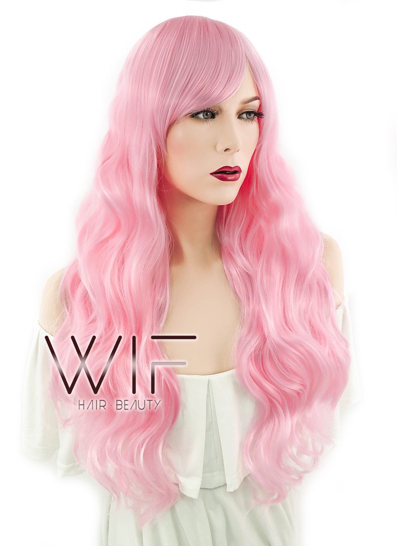 24" Long Curly Light Pink Fashion Synthetic Hair Wig CM165